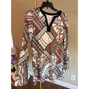 BCBGeneration Dress NWT Geometric Print Bell Sleeve Mini XS Boho Patchwork 70s